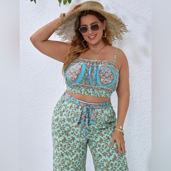 Shein Bo-Ho Floral Print Crop Cami Top & Wide Leg Pant set - Picture 1 of 6